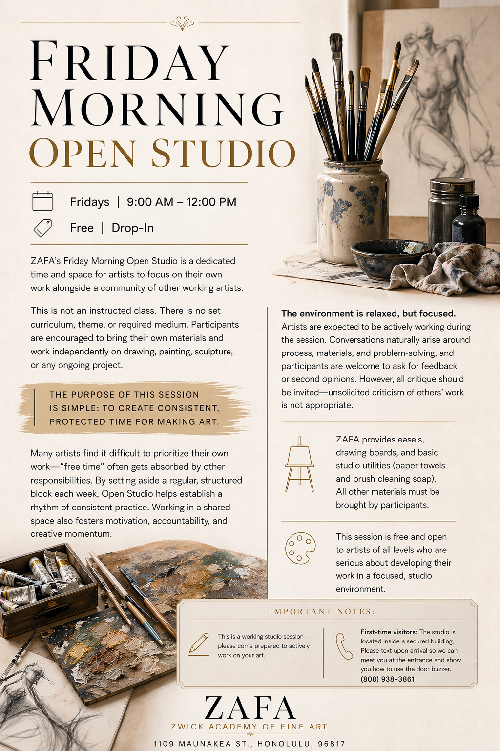 Flyer for ZAFA's Friday Morning Open Studio, held on Fridays from 9:00 AM to 12:00 PM, featuring an art studio workspace with brushes, paint, and drawing supplies, and information about the event.