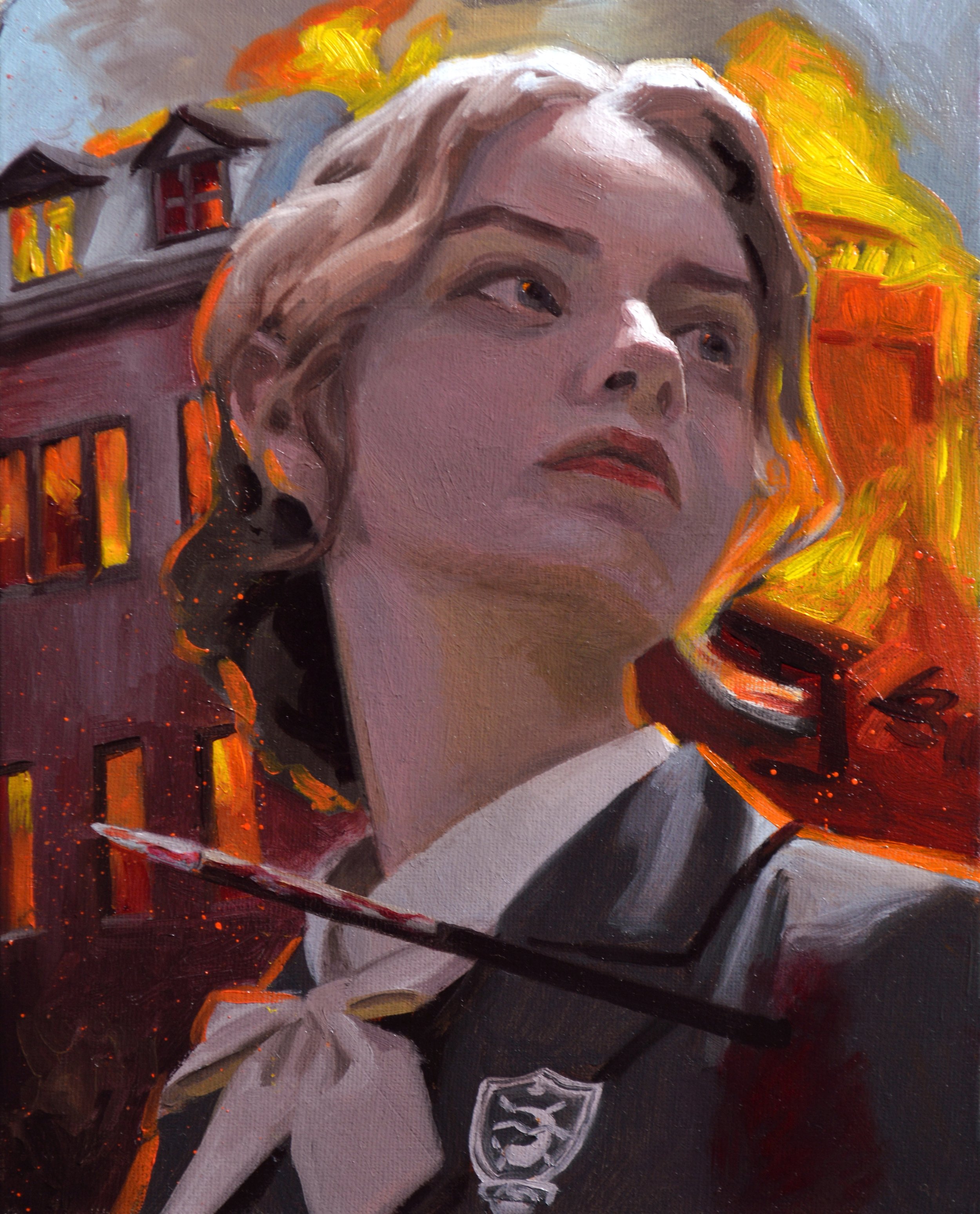 oil painting of a burning apartment and a woman looking over the distance
