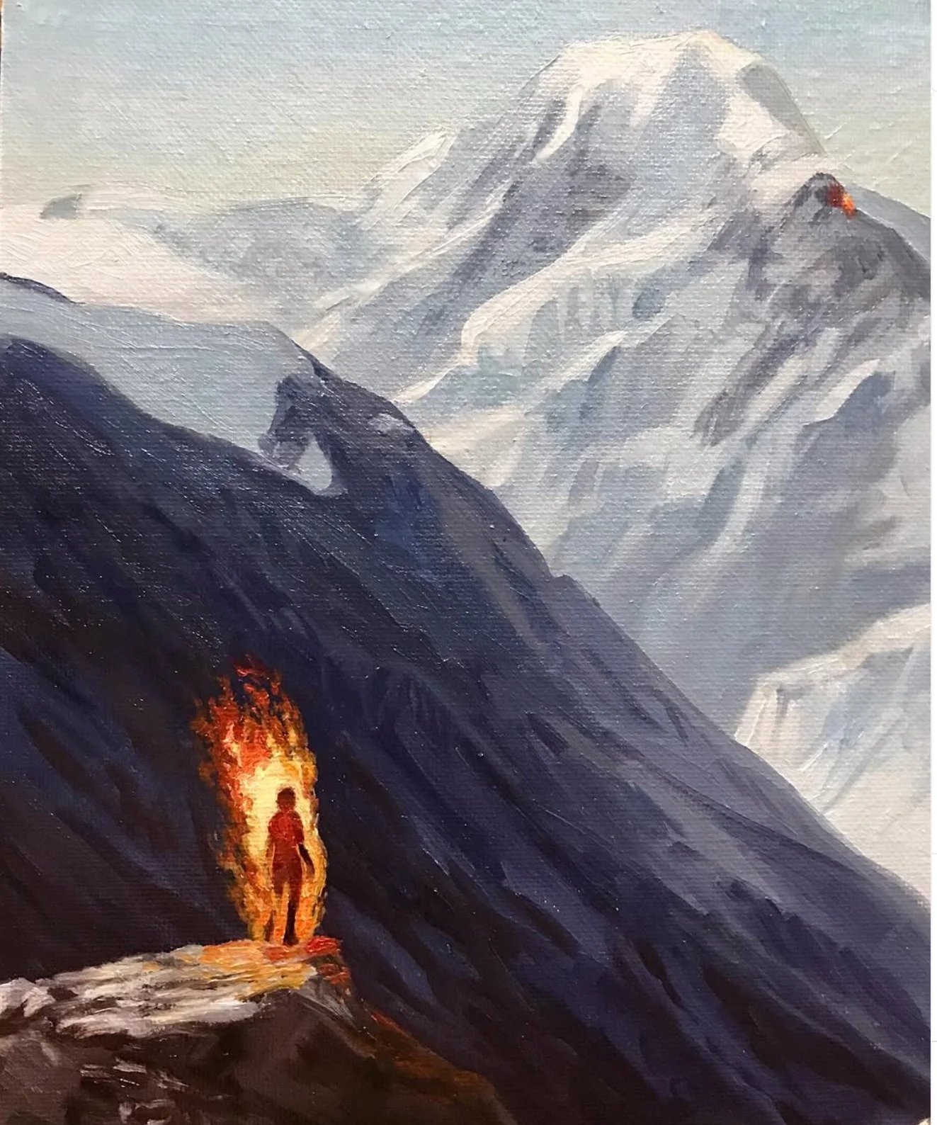 oil painting of a burning man in the snowy mountains