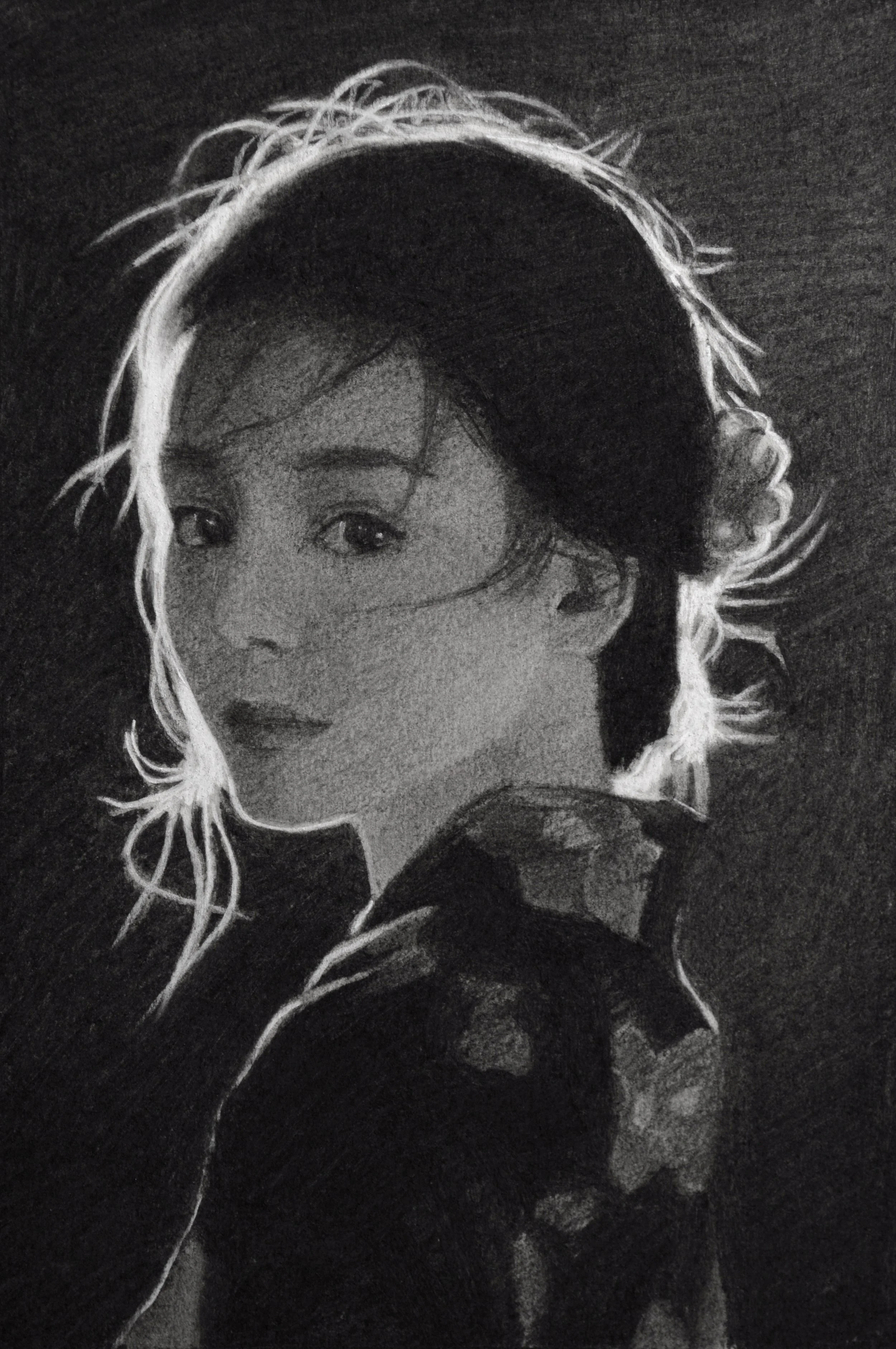 charcoal drawing of a backlit geisha