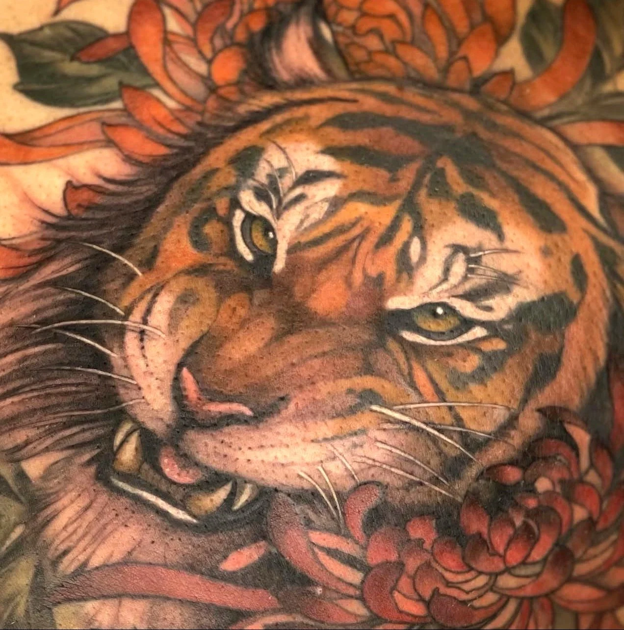 Tiger and chrysanthemum tattoo by Marie Makowski