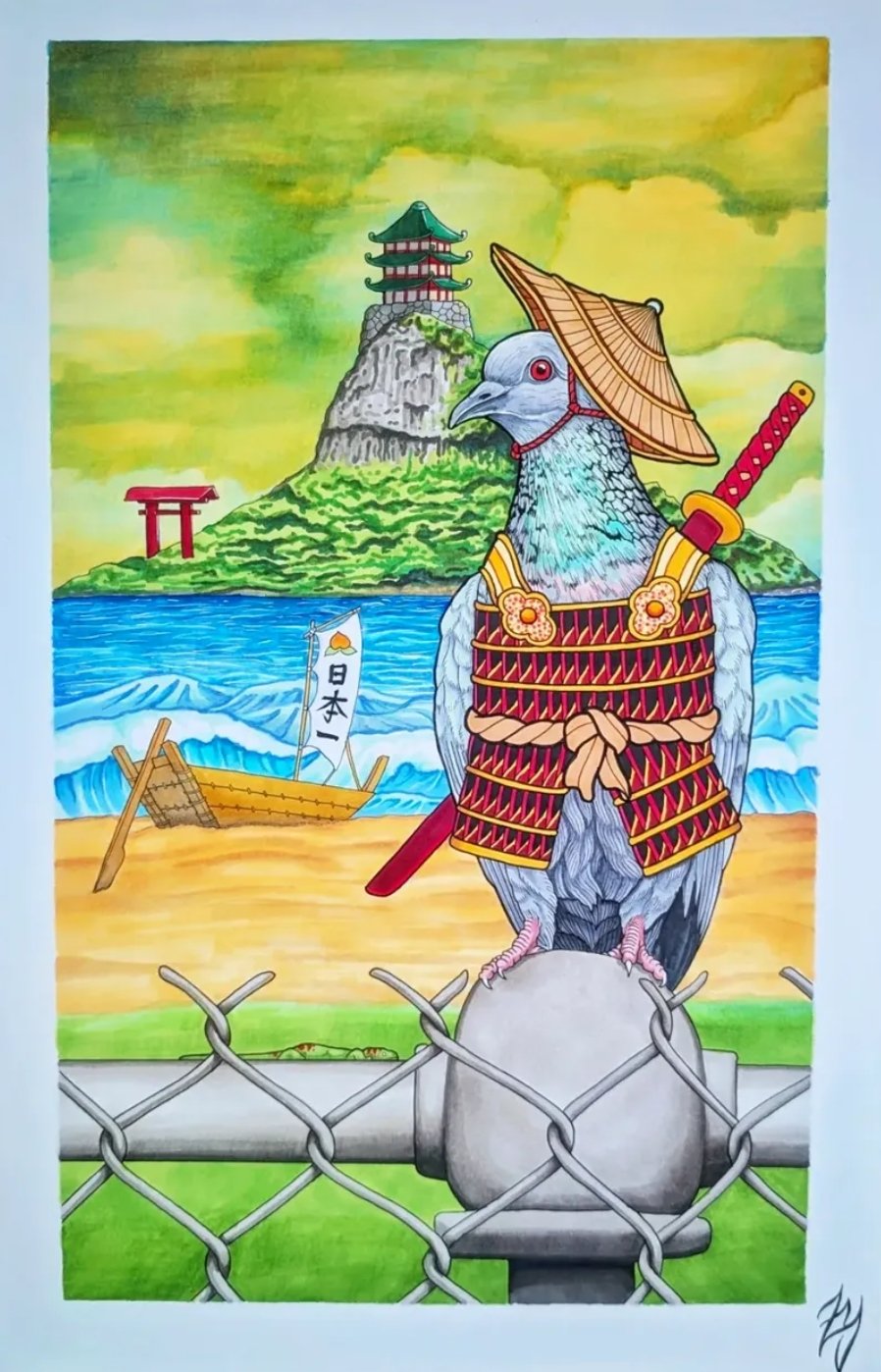 bird illustration japanese style in color
