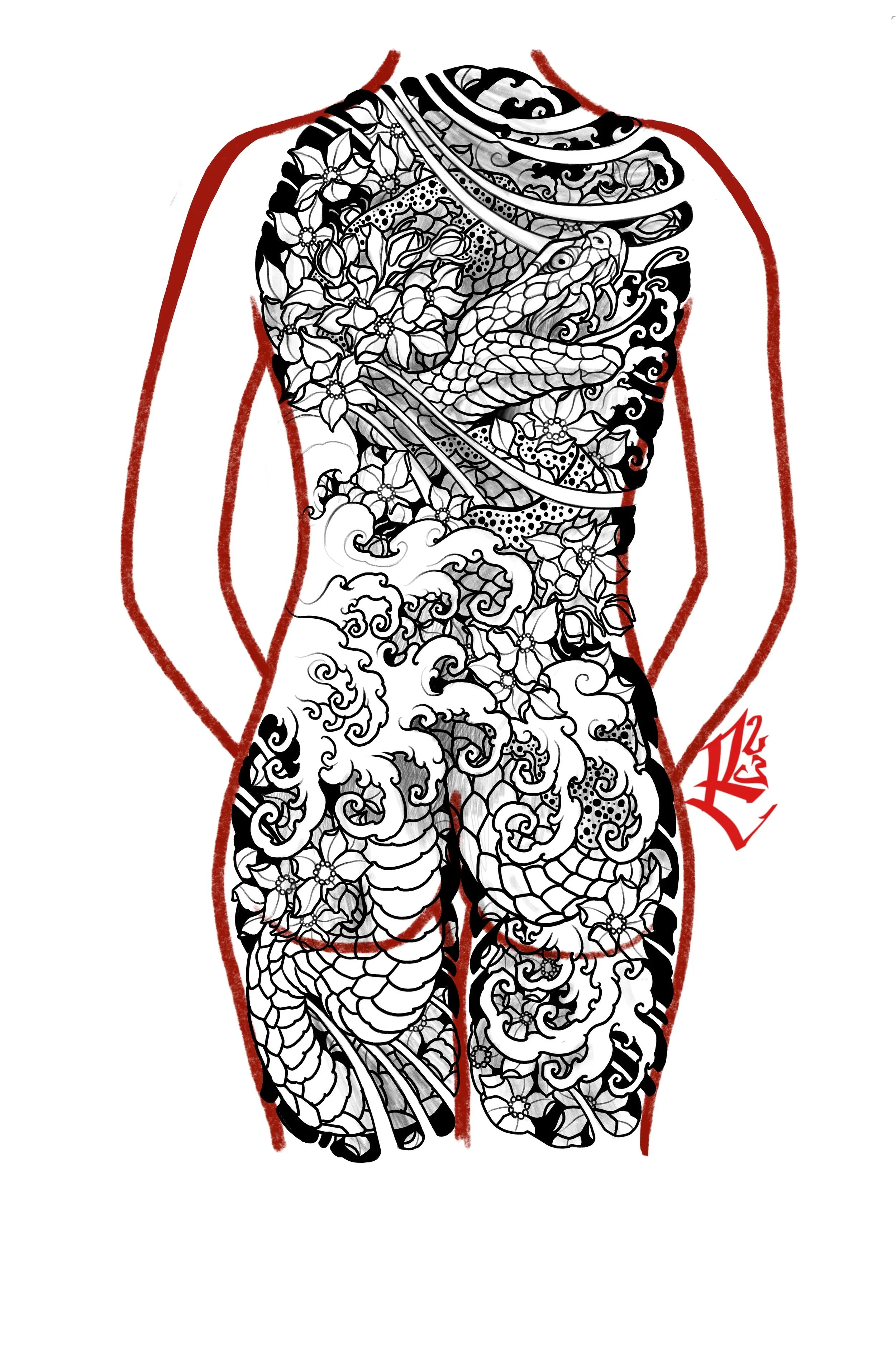 Japanese snake with waves design by Richie Lucero