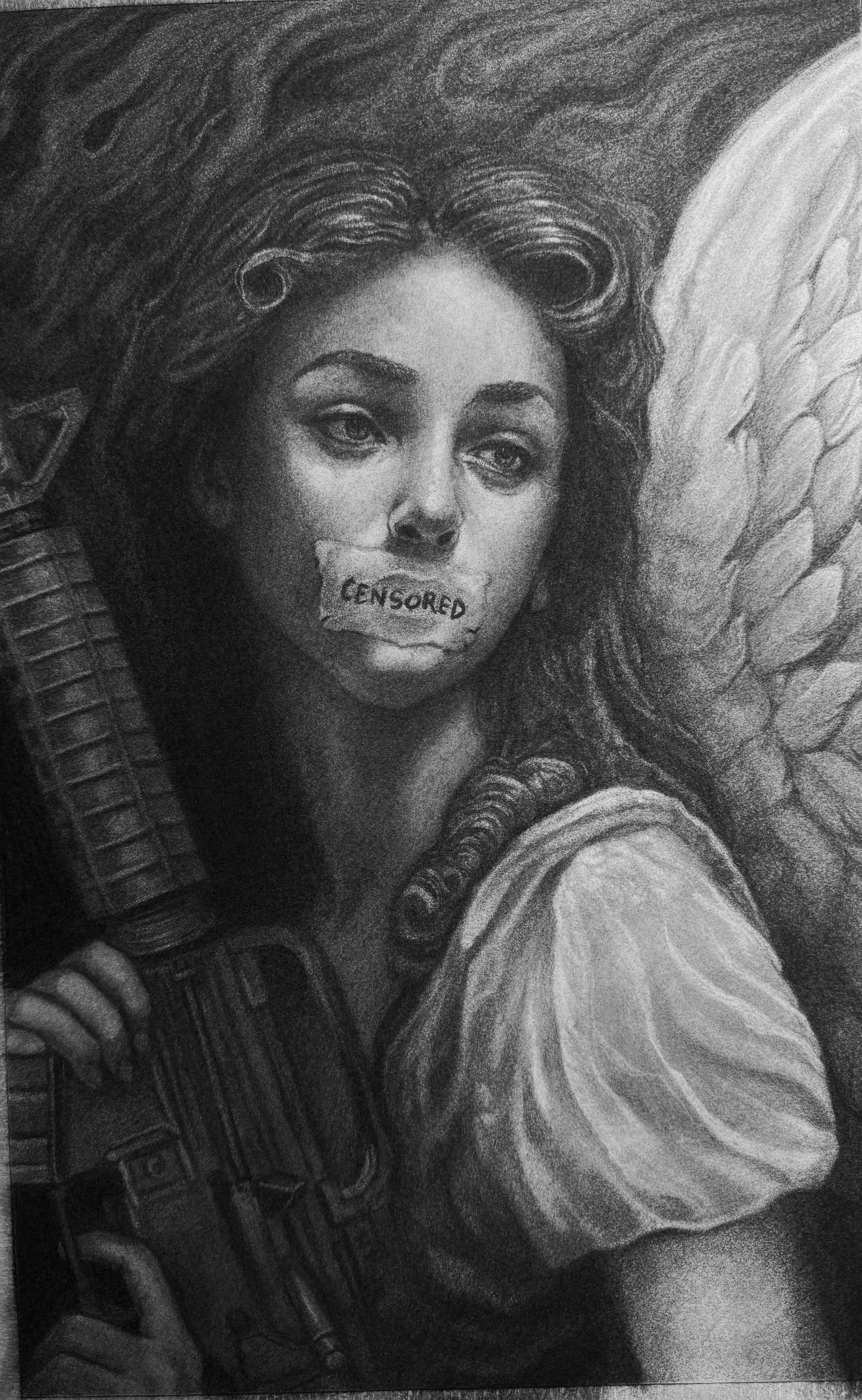 Charcoal drawing of an angel holding a gun by Richie Lucero