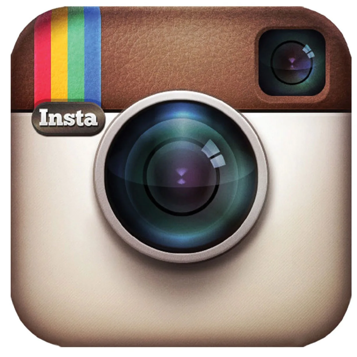 Close-up of the Instagram app icon, featuring a vintage camera design with a rainbow stripe, a lens in the center, and an 'Insta' label.