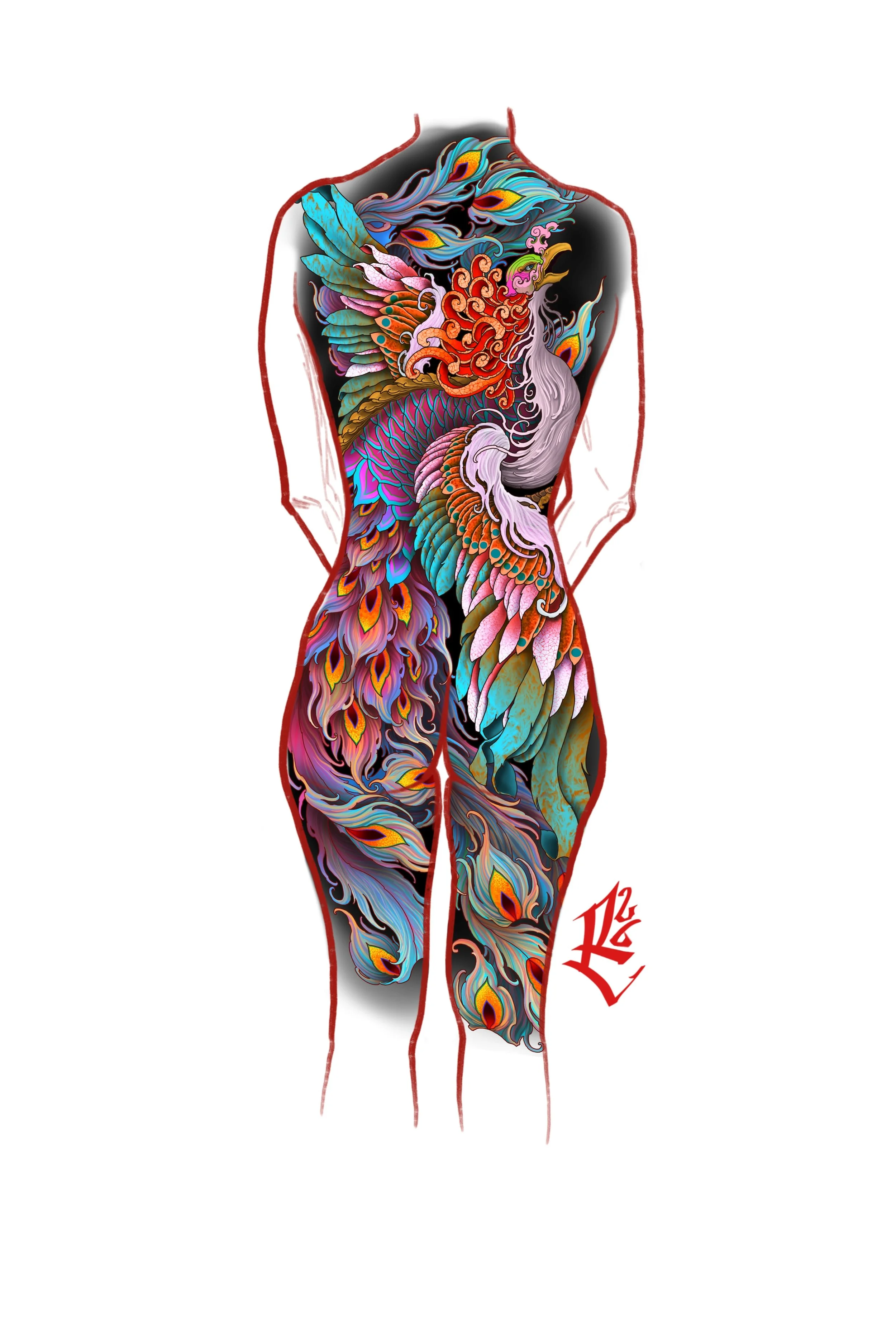 Phoenix back piece tattoo design by Richie Lucero