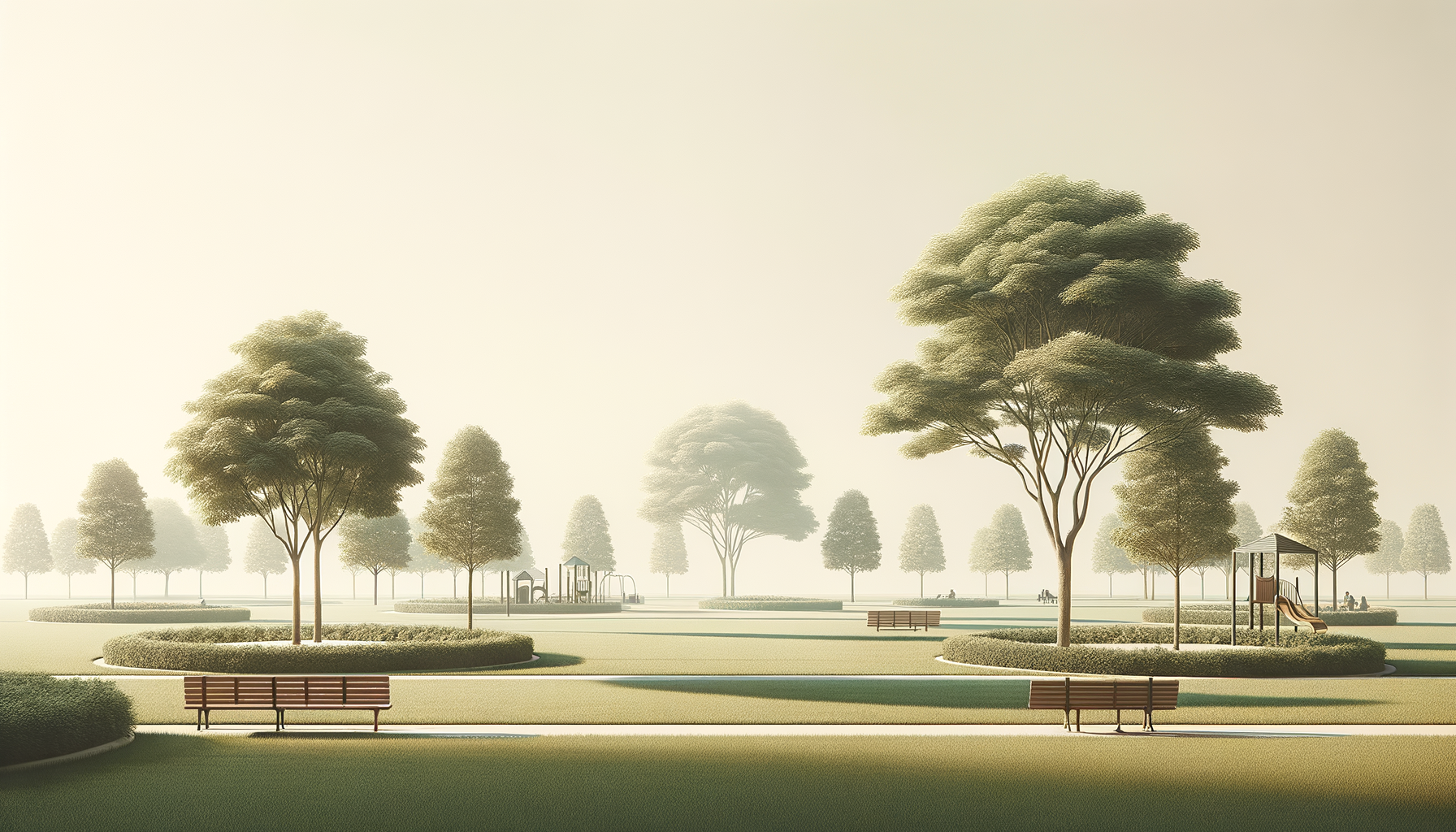 A peaceful park scene with several large trees, benches, and a small playground in the background, illuminated by soft sunlight.