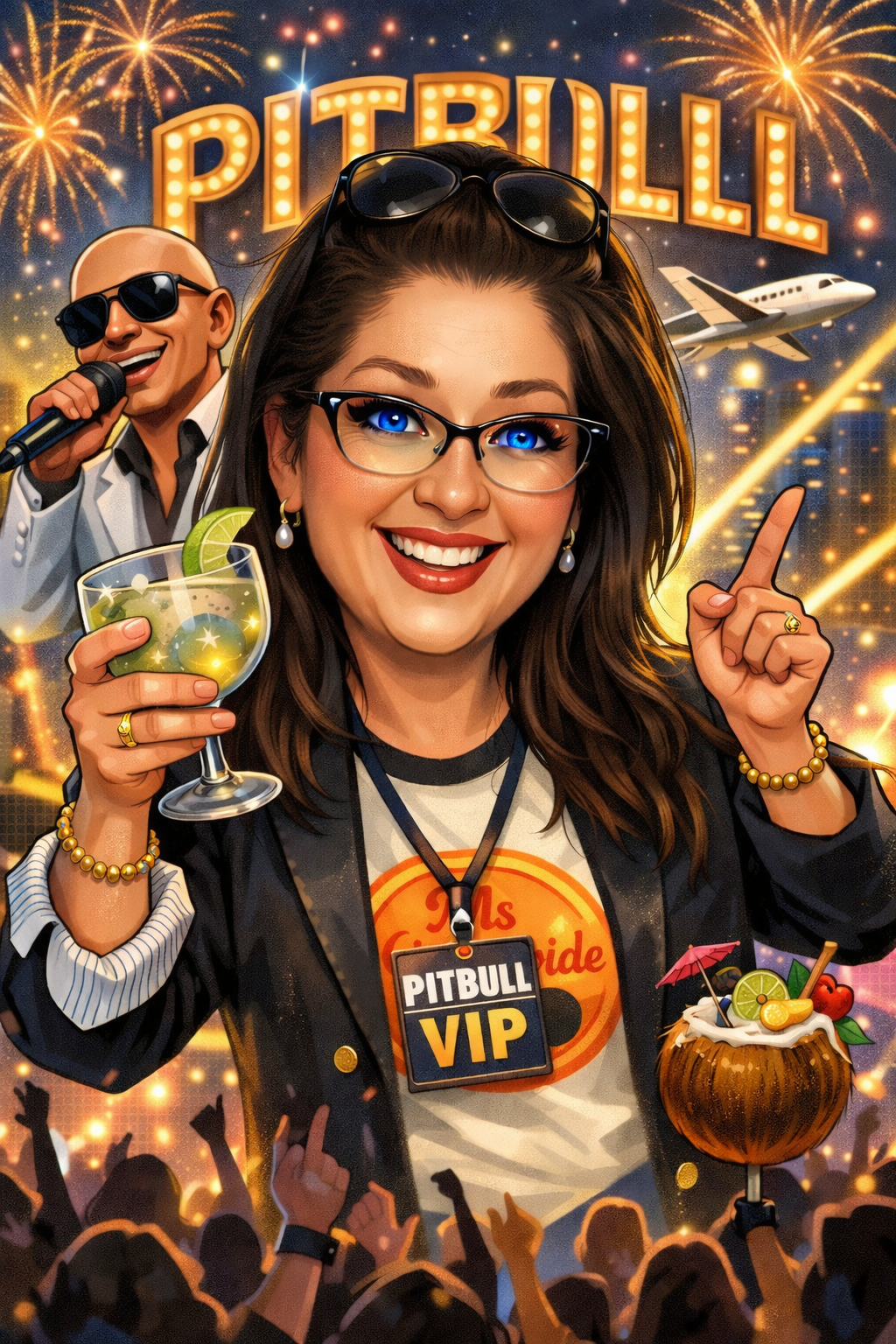 A woman with blue eyes, glasses, and long brown hair smiling at a lively party. She holds a cocktail with lime slices and a straw, wearing a 'Pitbull VIP' badge, and pointing upward. Behind her, a man in sunglasses, a white jacket, and holding a microphone performs. Fireworks light up the night sky, with an airplane flying past, and a crowd cheering below.