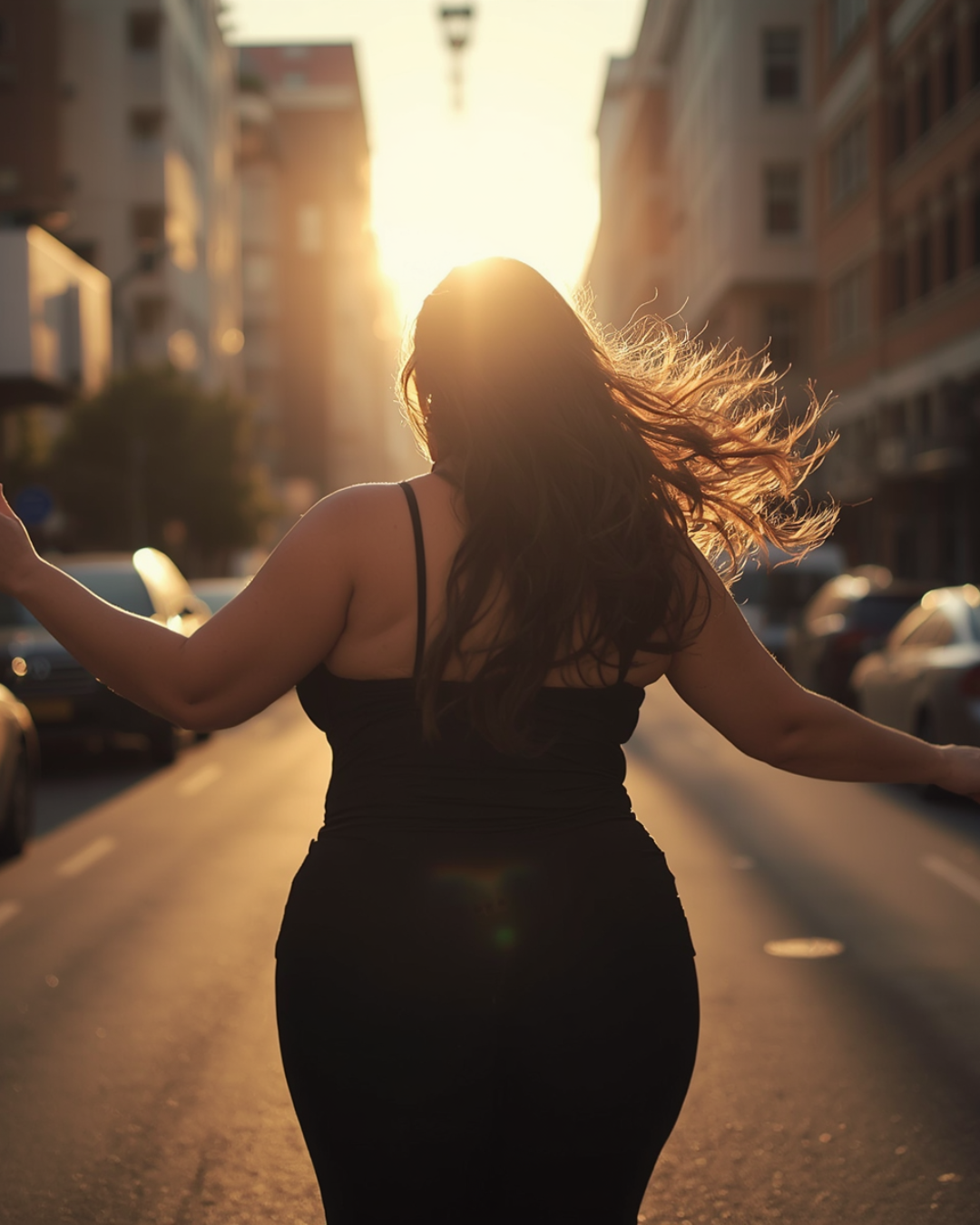 A woman in a black dress standing in the middle of a city street at sunset with her arms outstretched and hair blowing in the wind.