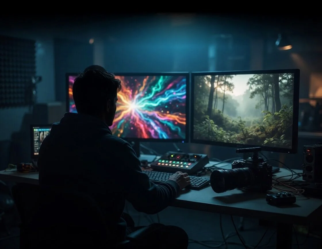 Person working at computer workstation with dual monitors, one displaying colorful digital art and the other showing a forest scene, in a dimly lit room with professional equipment.