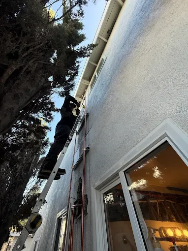 Person standing on a ladder cleaning or inspecting the exterior wall of a house near a window, with trees and house roof visible in the background.