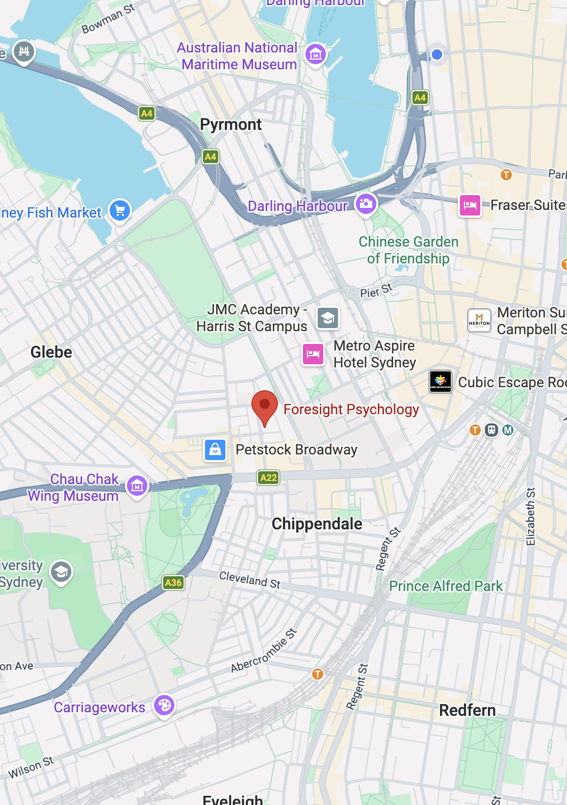 Map of Sydney showing locations including Foresight Psychology, Petstock Broadway, Chua Chak Wing Museum, and Darling Harbour.