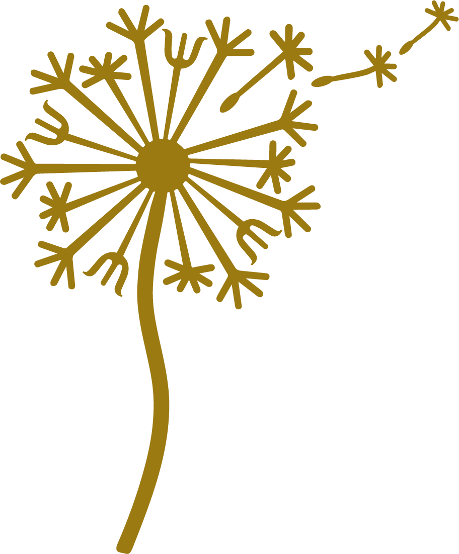 A stylized gold dandelion seed head with some seeds drifting away.