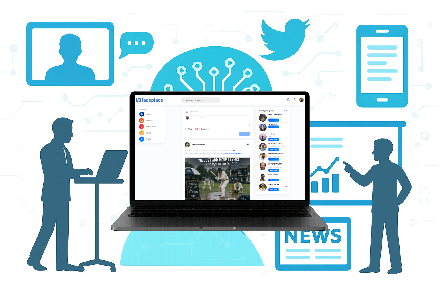 Illustration of a digital social media and news environment with a laptop displaying a Facebook-like interface, surrounded by silhouettes of people using mobile devices, and digital icons of social media logos, chat bubbles, and news headlines in the background.