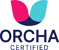 Orcha Certified logo with a stylized flower design in pink, teal, and dark blue above the text.