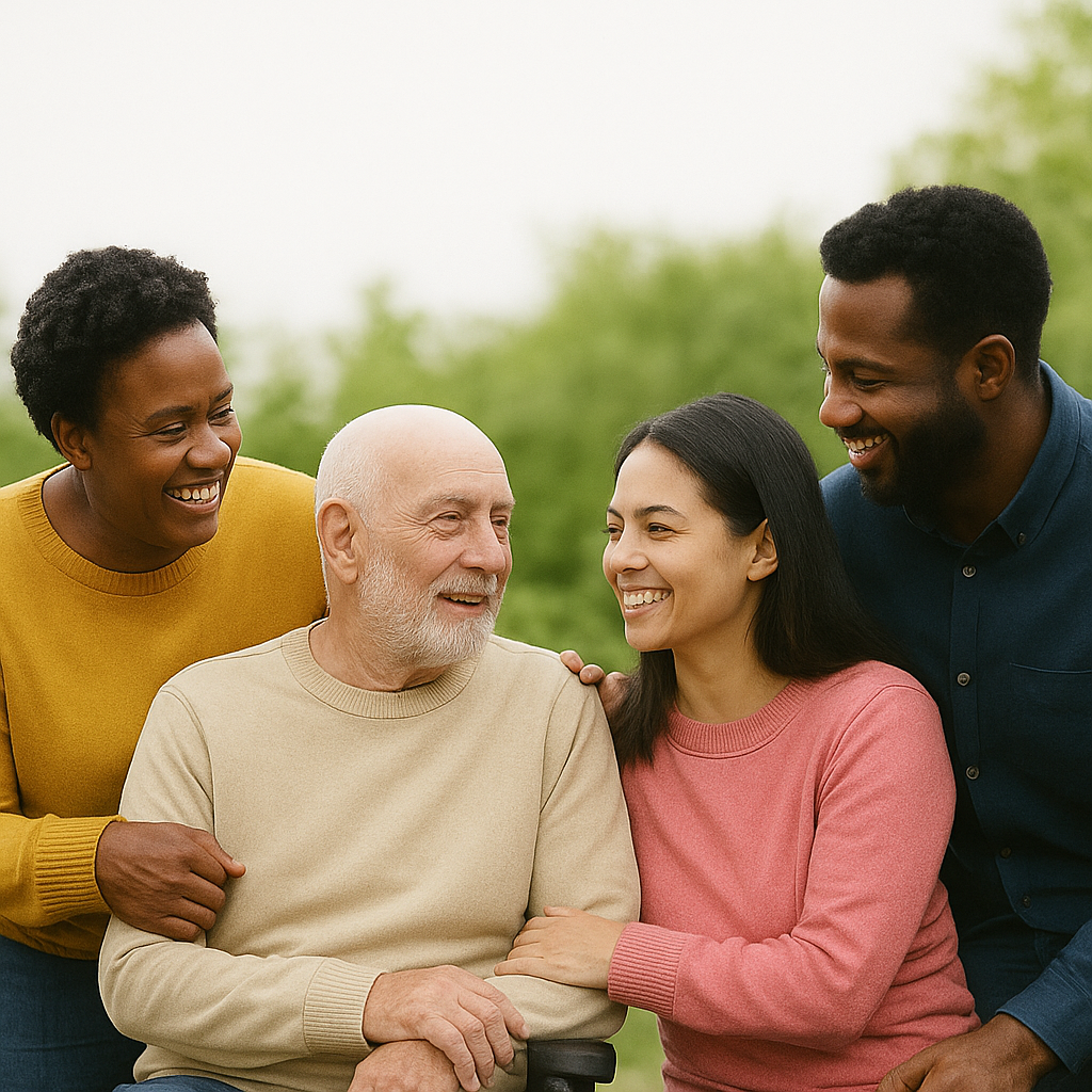 Four people, including a senior man in a wheelchair, smiling and talking outdoors with a woman in a pink sweater, a woman in a yellow sweater, and a man in a blue shirt.