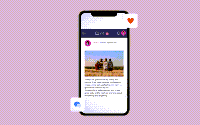 Smartphone displaying a social media post with a photo of people sitting outdoors, surrounded by icons for likes and comments, on a pink background.
