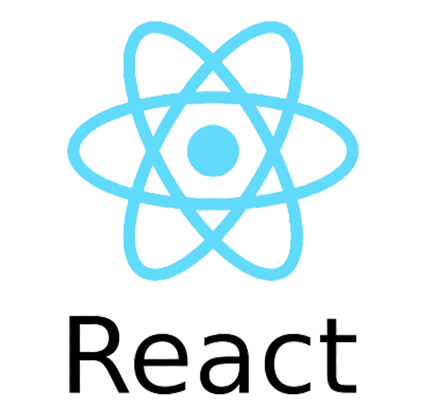 React logo with a blue atomic symbol above the word 'React' in black font.