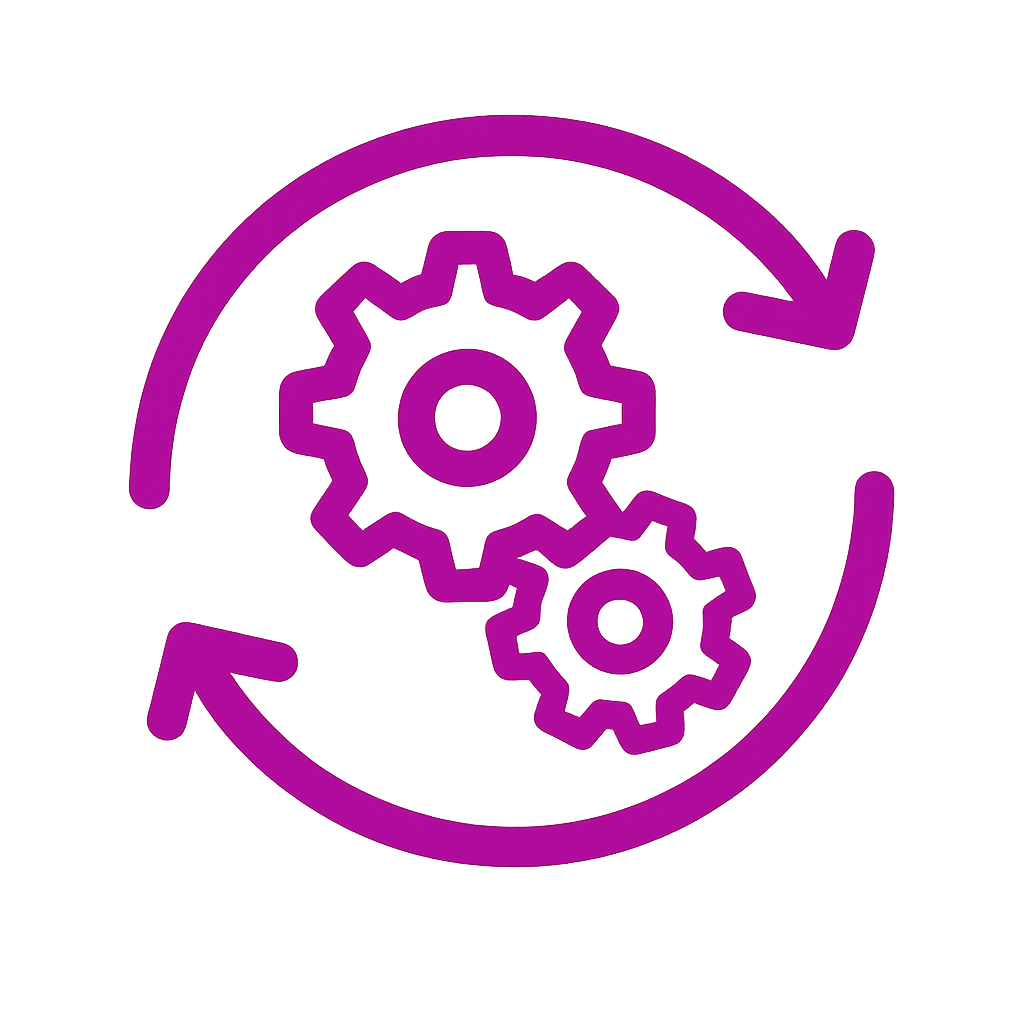 Purple outline icon of two interlocking gears with circular arrows surrounding them, representing process or system synchronization.