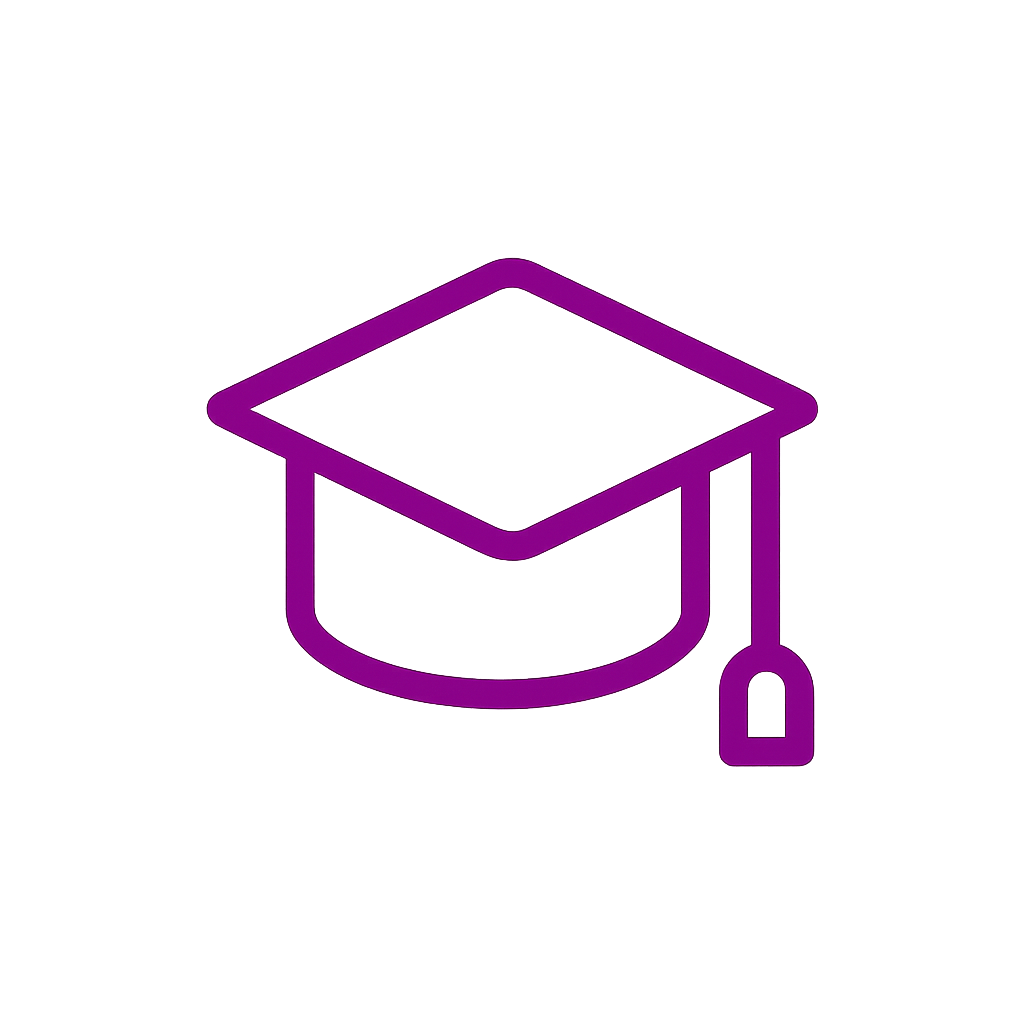 Outline icon of a graduation cap in purple.