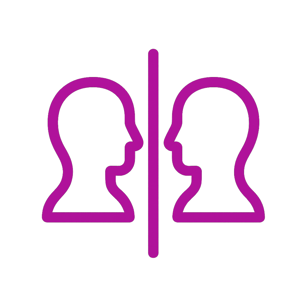 Icon of two faces in profile facing each other separated by a vertical line, representing communication or interaction, in purple outline.