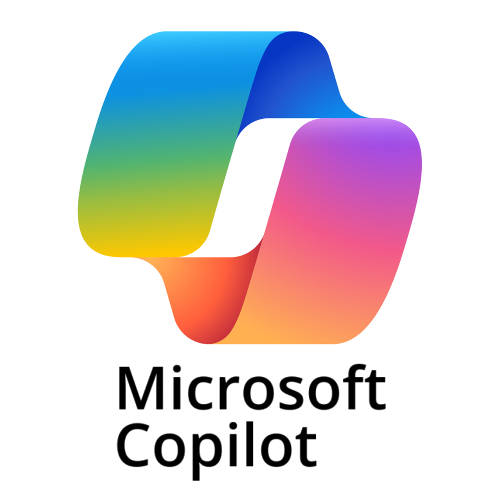 Microsoft Copilot logo with colorful, abstract ribbon design and text.