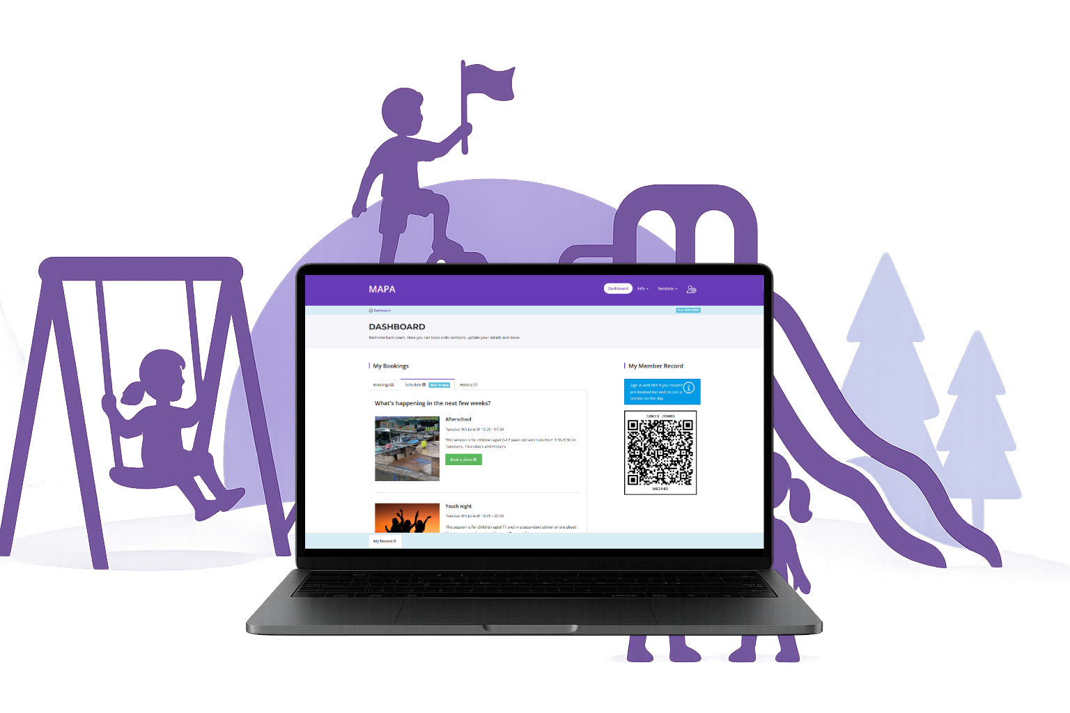 A laptop with a booking dashboard on the screen is placed in front of a children's playground with purple slides, swings, and climbing structures. The background features stylized purple trees and a hill.