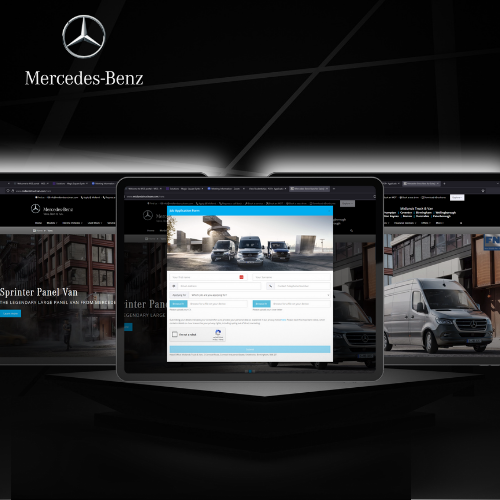 Mercedes-Benz logo and website displayed on a laptop screen, with images of vans and trucks.