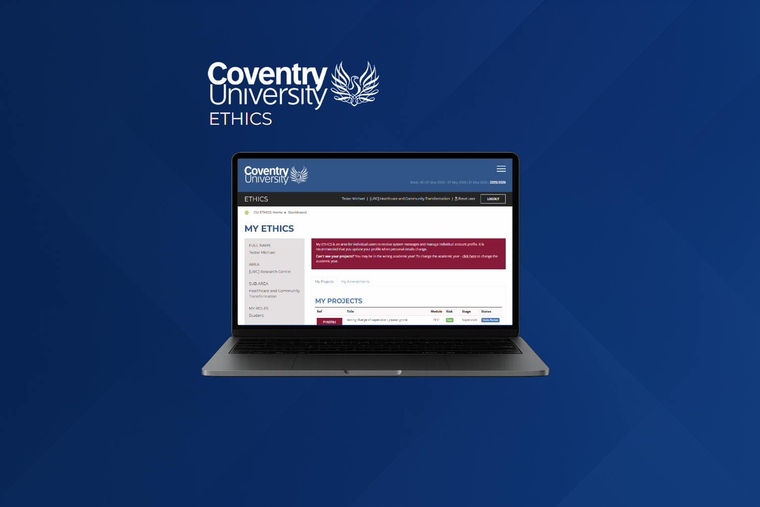 A laptop displays the Coventry University ethics management system webpage on a blue background. The webpage shows user project details and navigation options.