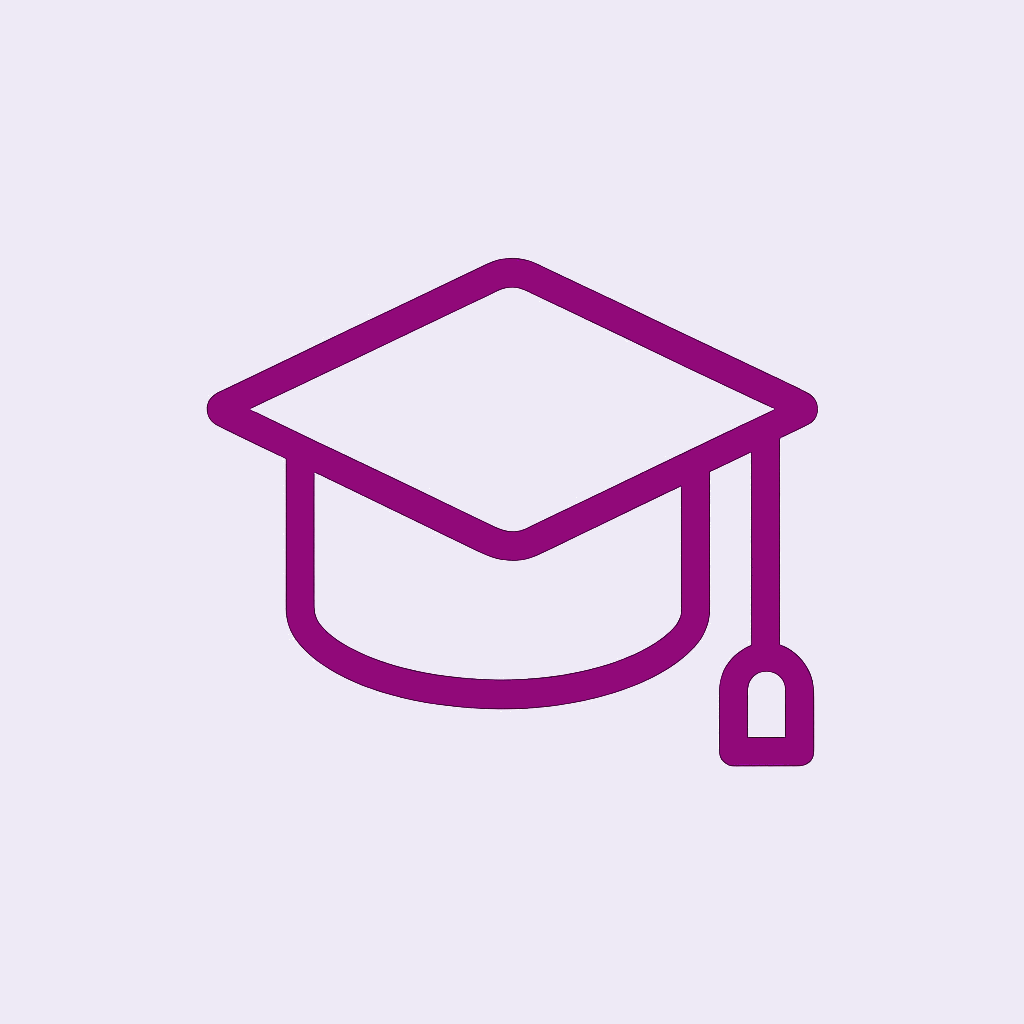 A simple line drawing of a graduation cap in purple.