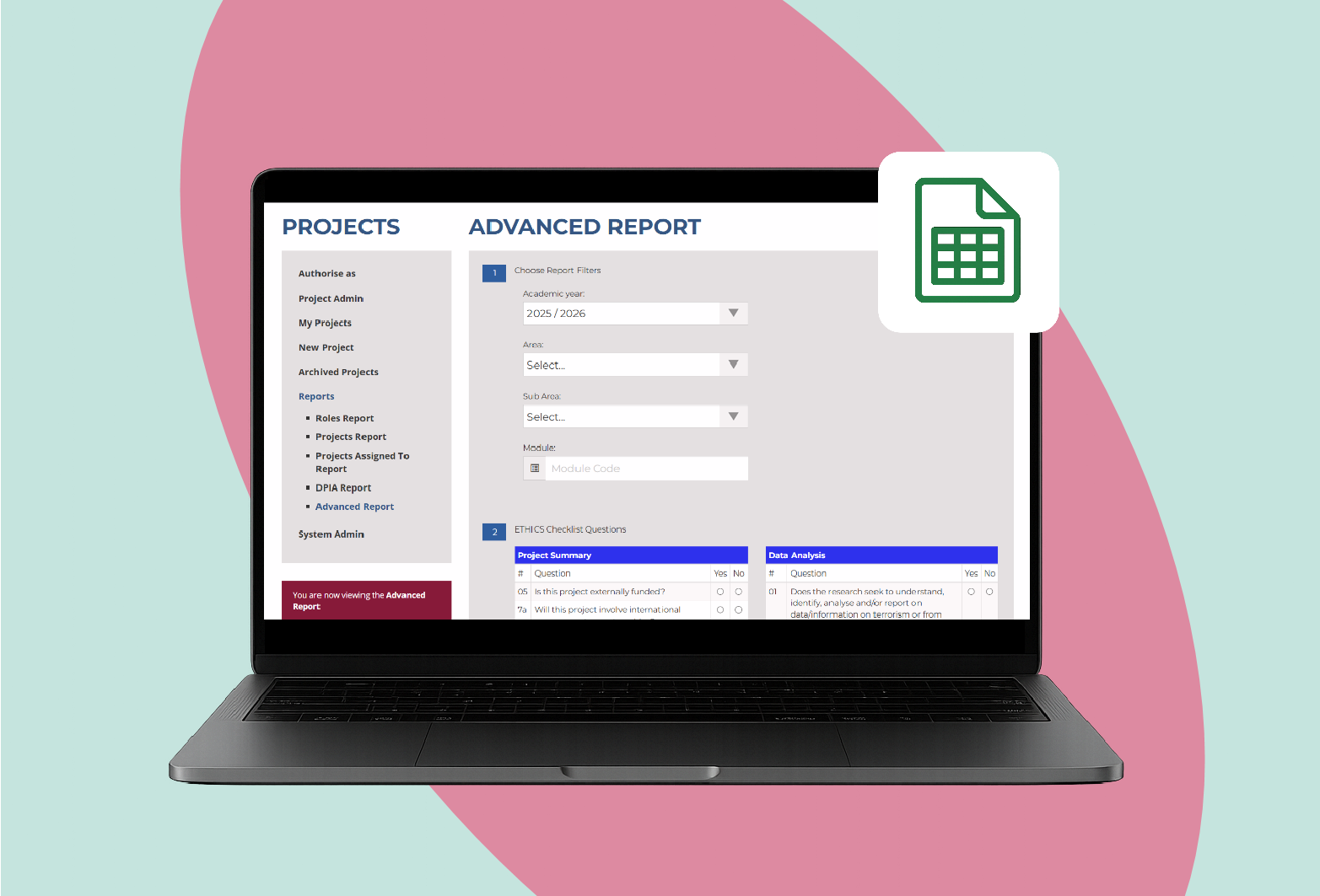 Laptop screen displaying a project management software with reports and filters for academic year, area, and module. A spreadsheet icon is overlaid on the upper right.