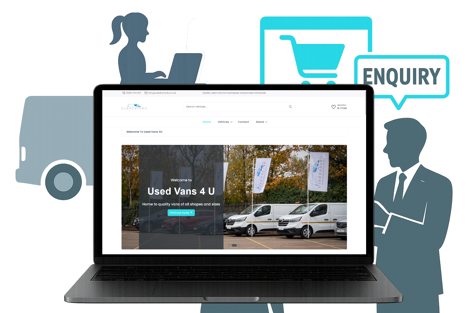 Screenshot of a website titled Used Vans 4 U, showing a fleet of used vans and cars parked outdoors with flags displaying the company's name, and a menu bar with links to home, vehicles, contact, and about. In the background, there are illustrated figures of a woman with a ponytail using a laptop and a man in a suit, with icons of a van, shopping cart, and a speech bubble with 'ENQUIRY'.
