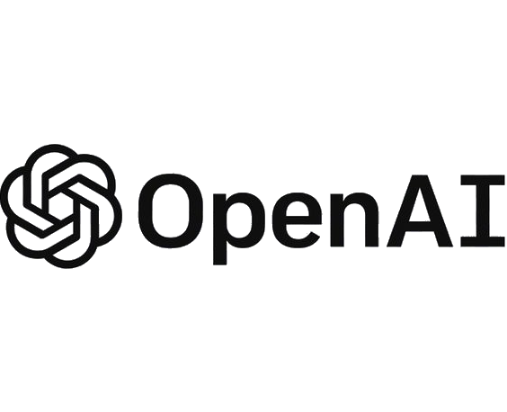 OpenAI logo with a black knot design and the text 'OpenAI' in bold black letters.