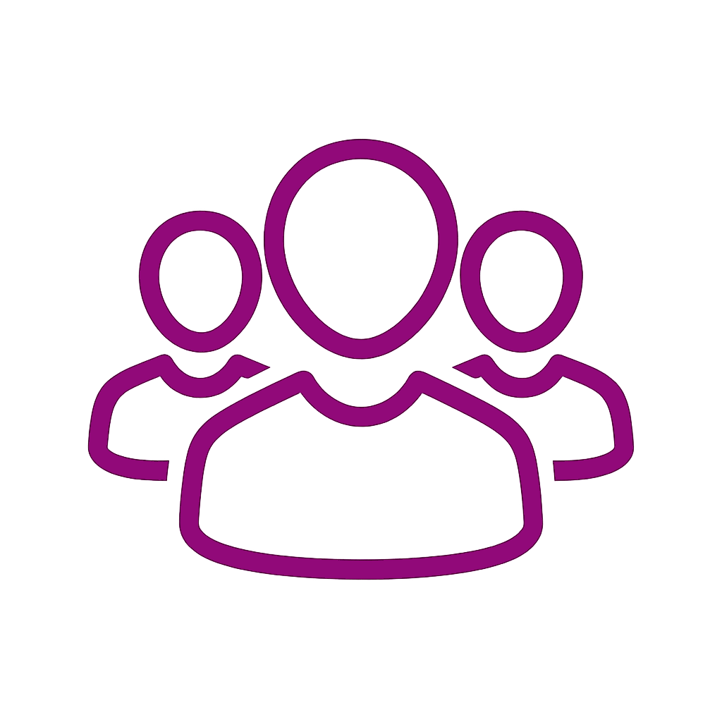 Simple purple outline icon of three people on a black background.