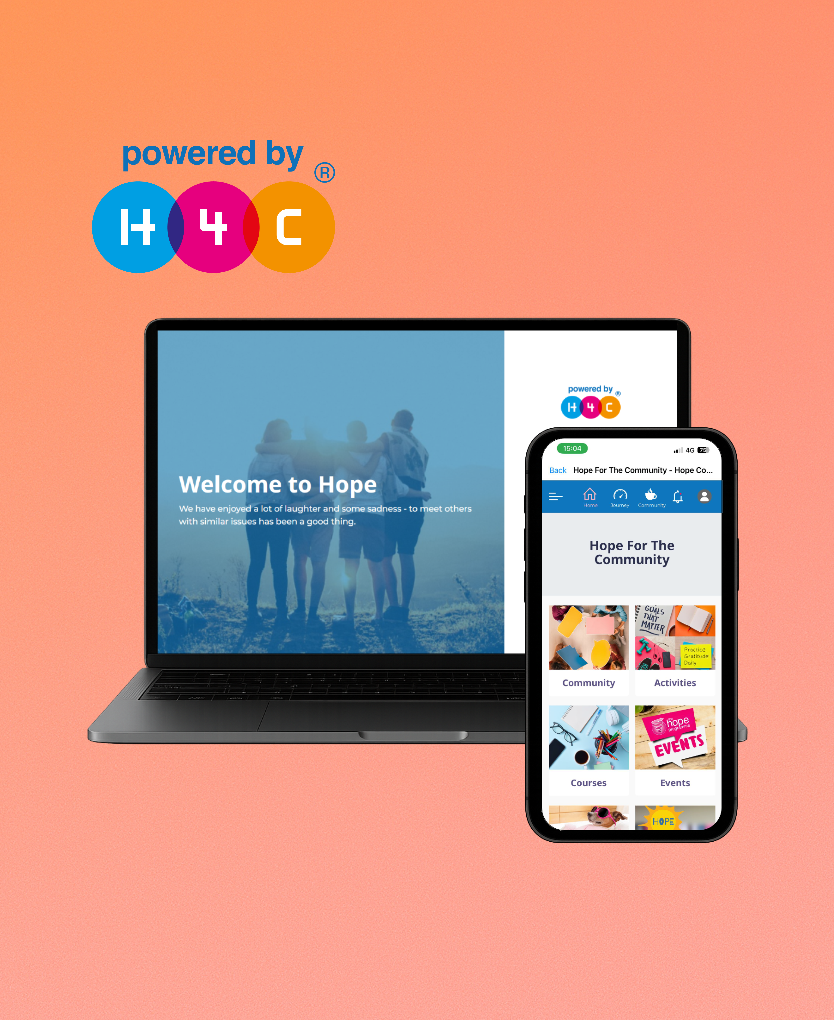 A laptop and smartphone displaying a community support website called Hope for The Community. The laptop screen shows a group of four people walking outdoors with the text "Welcome to Hope" underneath. The smartphone screen shows the same community website with sections for community activities, courses, and events. The background is a pinkish-orange gradient.