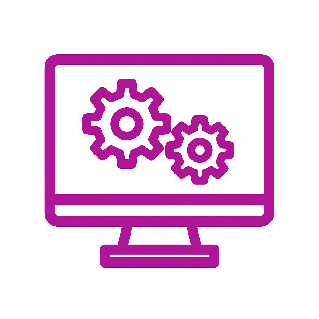 Icon of a computer monitor with two purple gears on the screen, representing settings or system configuration.