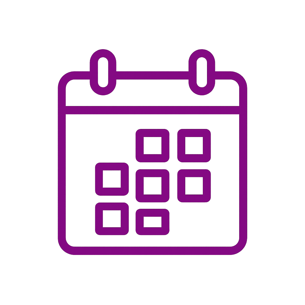Purple outline of a calendar icon with grid of squares on a black background.