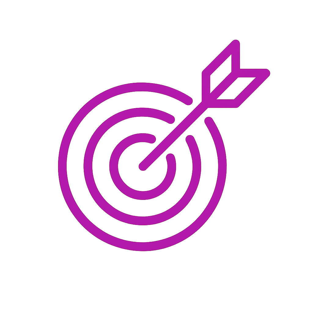 Purple outline of a target with an arrow hitting the bullseye, symbolizing goal achievement or precision.