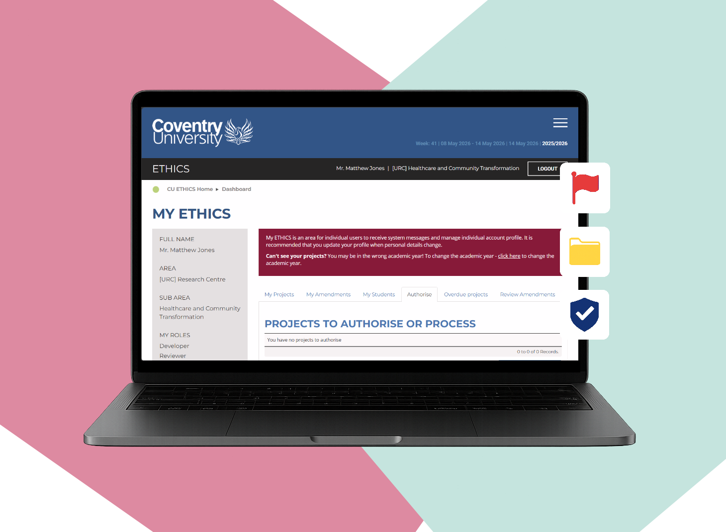 Laptop displaying the Coventry University ethics project approval page with icons of a red flag, yellow folder, and blue shield on the right side, on a background split into pastel pink and mint green sections.