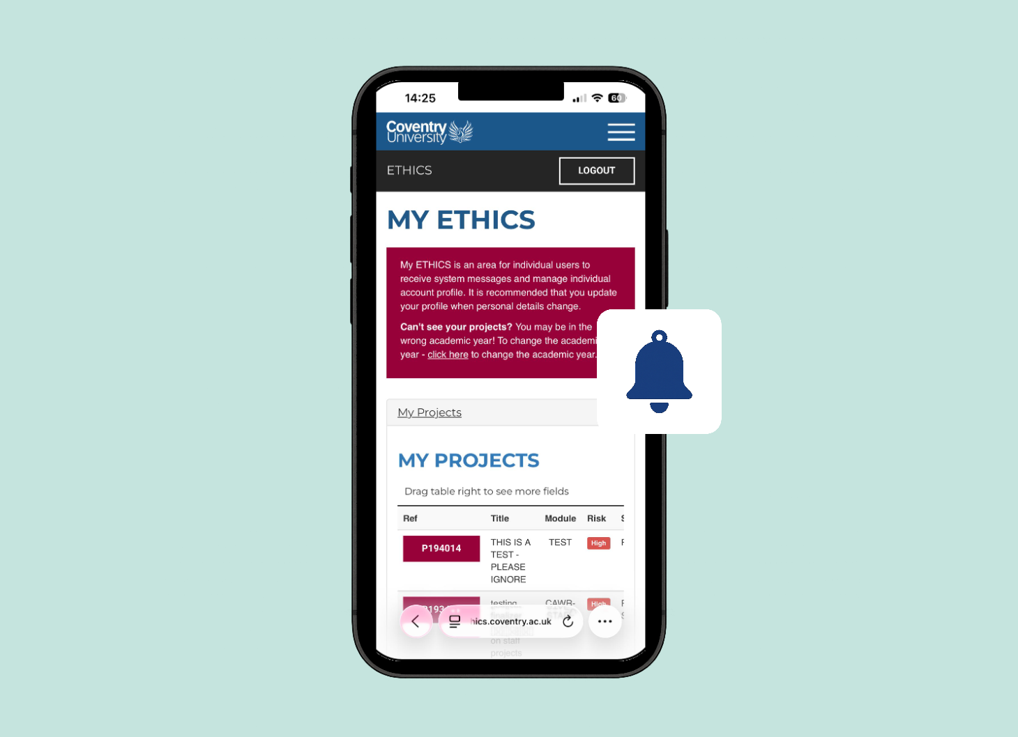 Smartphone screen showing a Coventry University ethics dashboard with projects and notifications, on a light blue background.