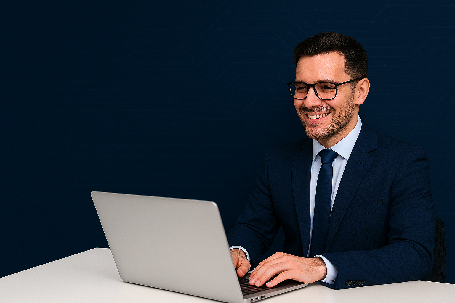 A man in a navy blue suit and glasses sitting at a white desk, smiling while using a silver laptop against a navy blue background.