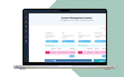Laptop displaying a content management system interface with menu icons on the left and various blue and pink buttons and sections on the screen.
