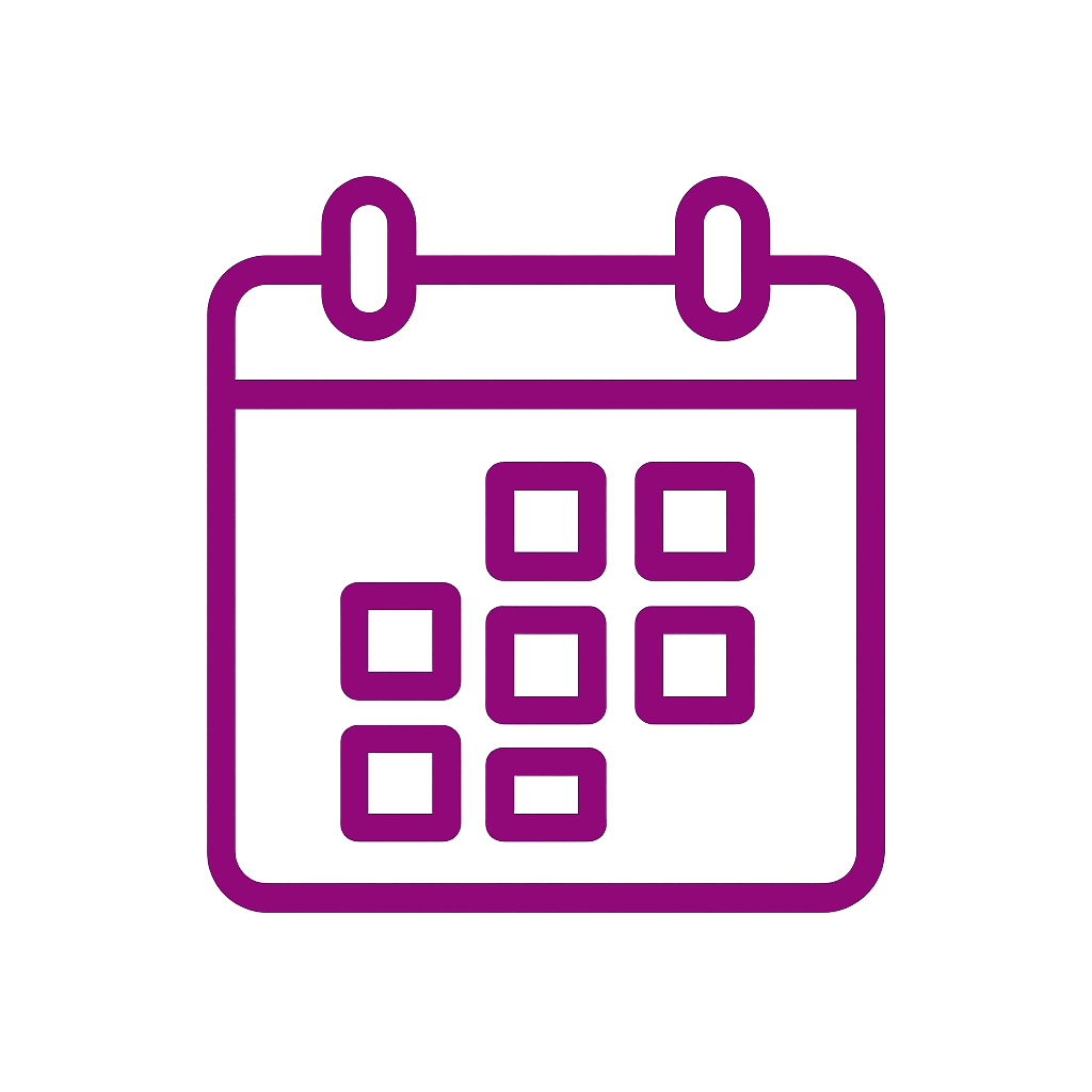 Purple calendar icon with grid on a black background.