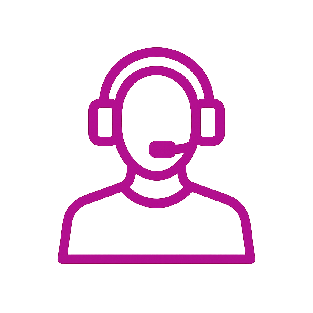 Outline of a person wearing a headset with a microphone, in purple, on a black background.