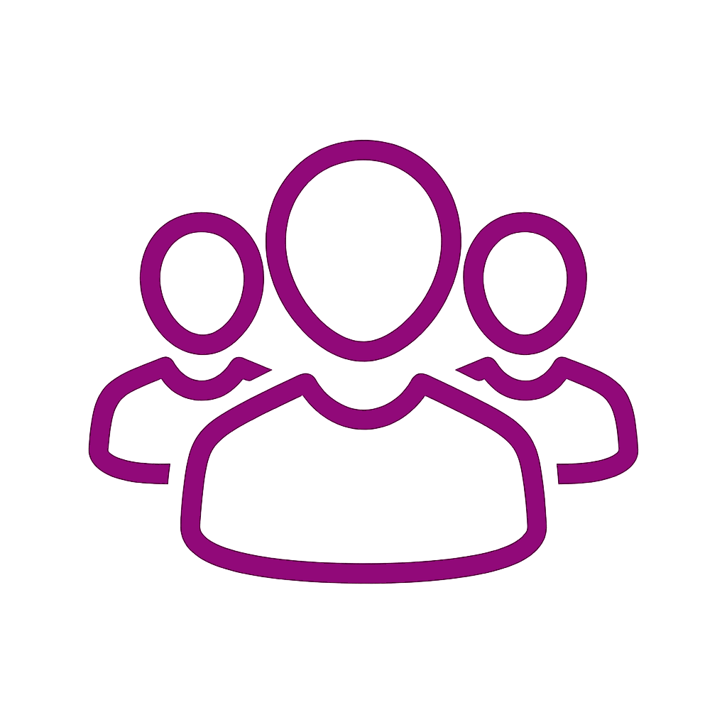 Icon of three purple outline figures representing a group or team against a black background.