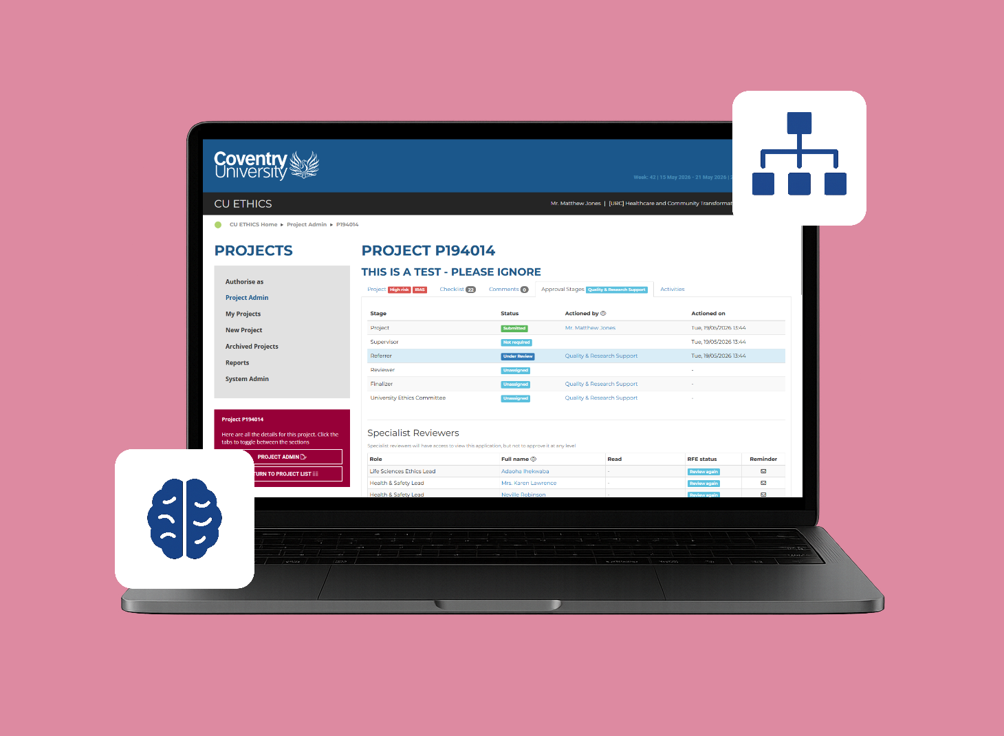 Laptop displaying Coventry University project management webpage with systems icons on pink background.