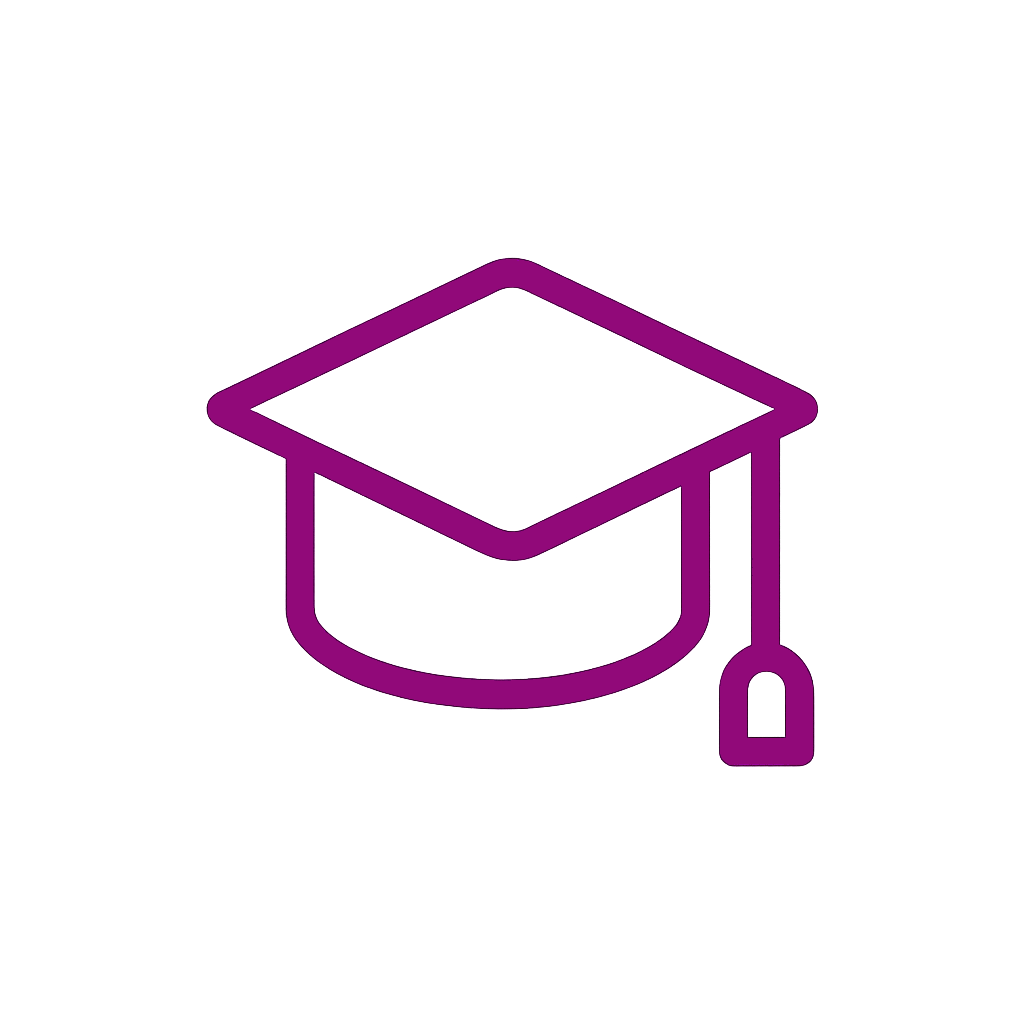 Simple line drawing of a graduation cap in purple on a black background.