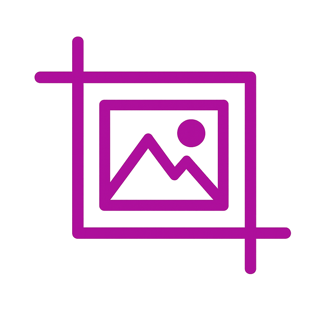 Purple icon of a framed picture with a mountain and sun, design elements indicating an image placeholder.