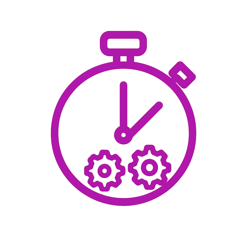 Purple stopwatch icon with gears inside, symbolizing time management or process optimization.