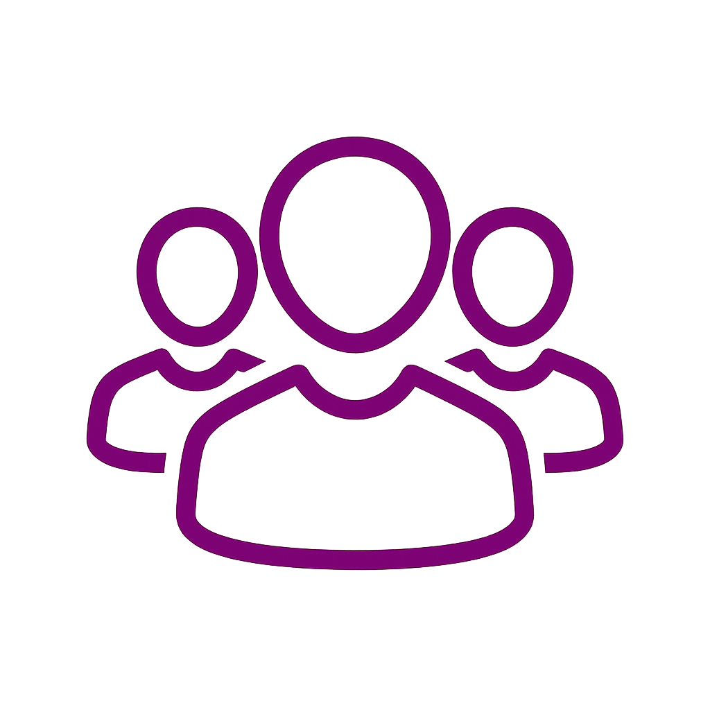 Outline of three people in purple, with one person in the front and two behind.